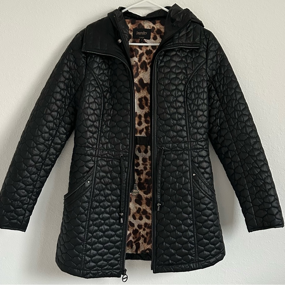quilted puffer jacket hooded inset leopard print lining zip up